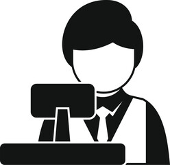 This simple, striking icon depicts a cashier standing at a cash register