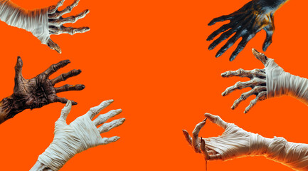 Fototapeta premium Scary hands of monsters on an orange background, created with Generative AI technology.