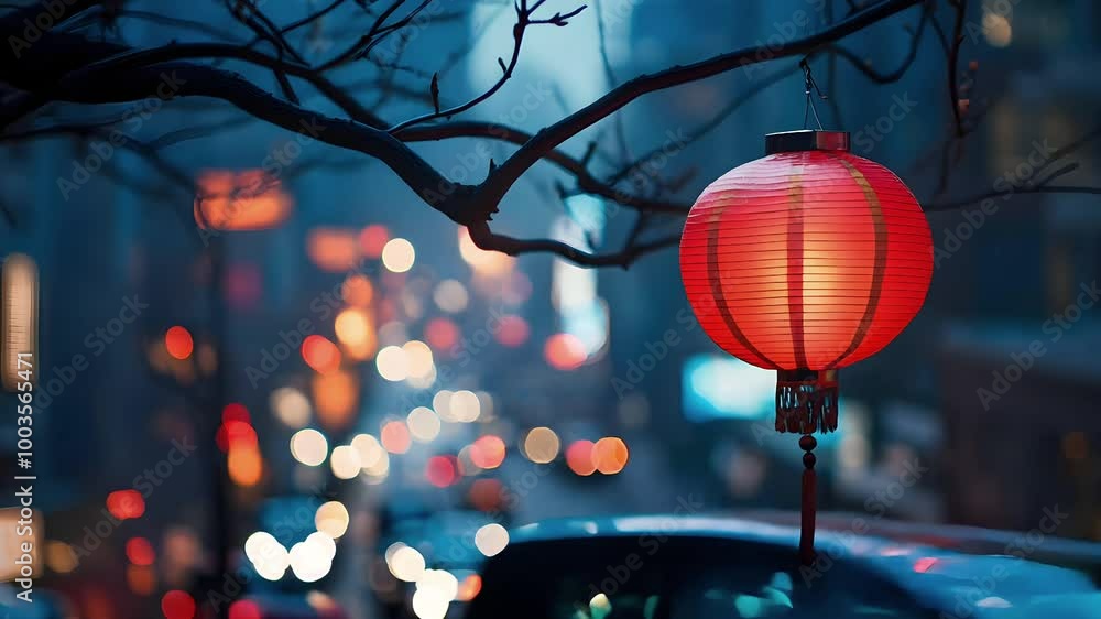 Poster a vibrant red lantern hangs from a branch against a blurred urban backdrop filled with soft bokeh li