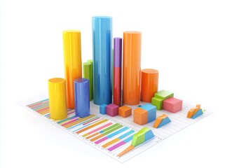3D rendering of financial charts with bar graphs and pie charts on a white background, in colorful styles. 