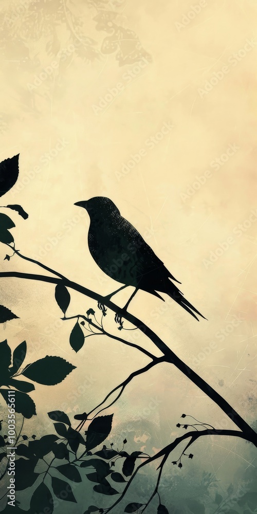 Poster silhouette of a bird on a branch in a calming lofi background.