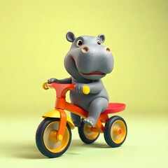3D Baby hippo riding a tricycle in a cute and playful setting
