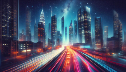 A dazzling city skyline at night with light trails from speeding cars and glowing futuristic skyscrapers.