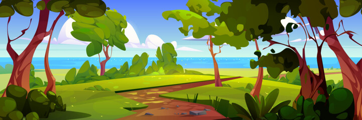 Summer scenery with lake and forest trees. Vector cartoon illustration of sunny park with footpath between green trees and bushes, blue water sparkling in sun, fluffy clouds in sky, natural background © klyaksun