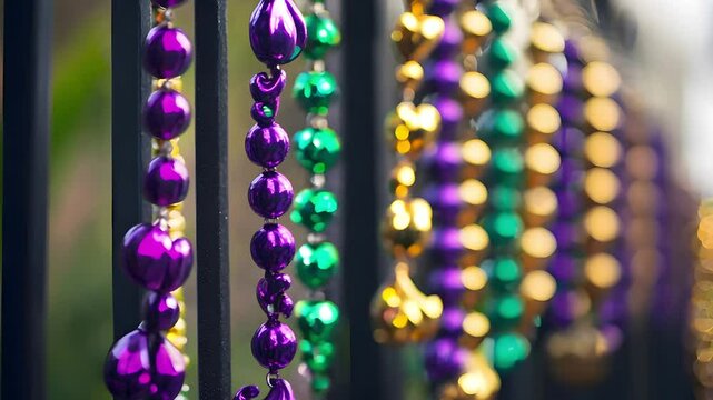 Colorful beads hang in vibrant hues of purple, green, and gold, creating a festive and cheerful atmosphere perfect for celebrations and parades