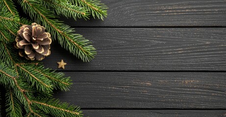 Framing fir branches with a vintage gray board. Blank Christmas card.