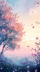 A beautiful painting of a tree with pink leaves and a blue sky. The mood of the painting is peaceful and serene