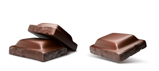 Chocolate bar pieces set isolated on white background. Vector realistic illustration of 3d chunks of milk or dark sweets, broken square candy made of cocoa, bitter dessert ingredient, diet snack