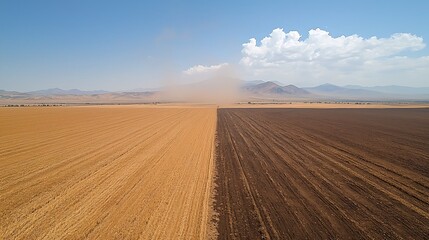 Fototapeta premium Farmland stretches to the horizon, a dust devil spiraling towards distant mountains.