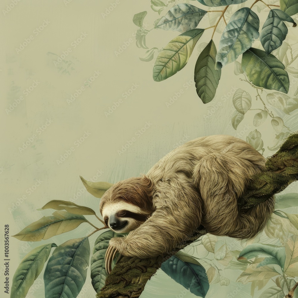Poster a sloth is sleeping on a tree branch. the image has a peaceful and calm mood, as the sloth is restin