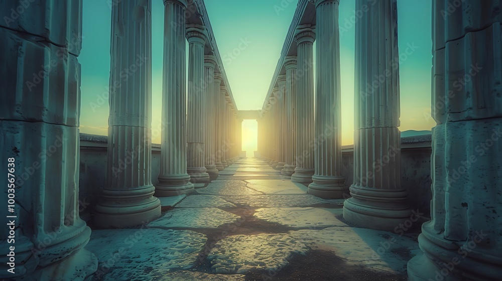 Poster ancient columns leading towards a glowing horizon. the symmetry and perspective create a sense of gr