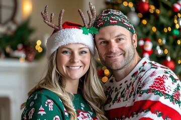 A beautiful young couple celebrates New Year in love with a look in the camera while bonding and smiling