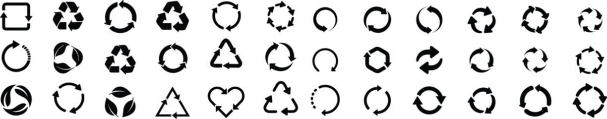 Recycle icon symbol vector set. Recycling and rotation or circular arrows icon collection. revolves endlessly Reuse sign. Eco ecology nature bio black
