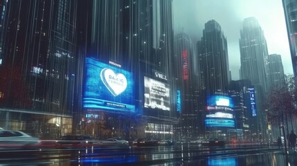 A rainy futuristic city with towering skyscrapers and glowing neon billboards, capturing a cyberpunk aesthetic and bustling urban life.