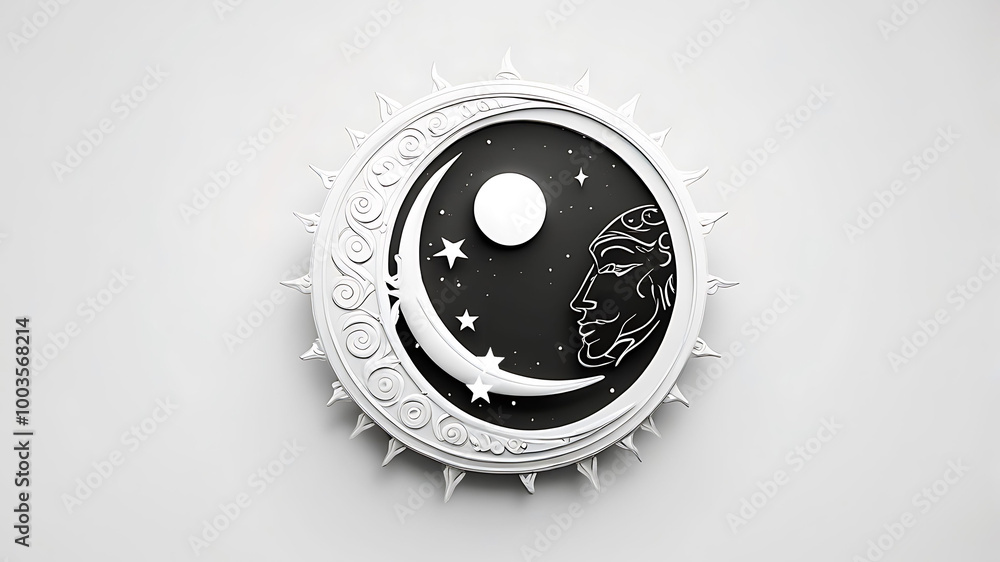 Wall mural 3d illustration of black and white sun and moon with stars background