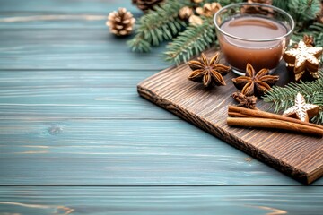 A holiday drink with orange, spice, and bourbon whiskey, placed in two glasses on a wooden background with festive tree branches and decor.