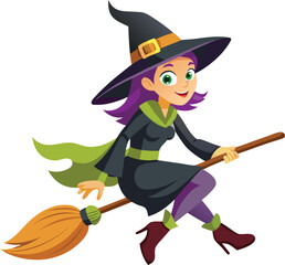 halloween witch with broom,, halloween vector illustration