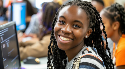 A joyful student in a classroom, engaged in learning while surrounded by classmates and technology during a vibrant school day