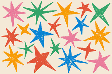 Star shapes set. Abstract random pencil and crayon kids drawing. Spiky geometric vector elements. Hand drawn rough edge sparkles set on pastel background