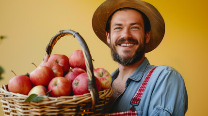 A joyful farmer showcases freshly harvested apples while posing against a vibrant yellow backdrop during the autumn season