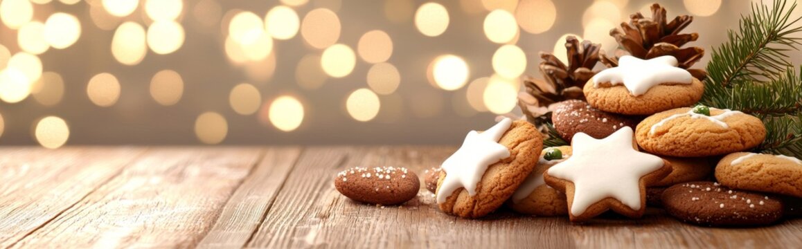 This Christmas background includes cinnamon cookies, pine cones, and twigs - perfect for Xmas or Advent themes - Banner and header with copy space.