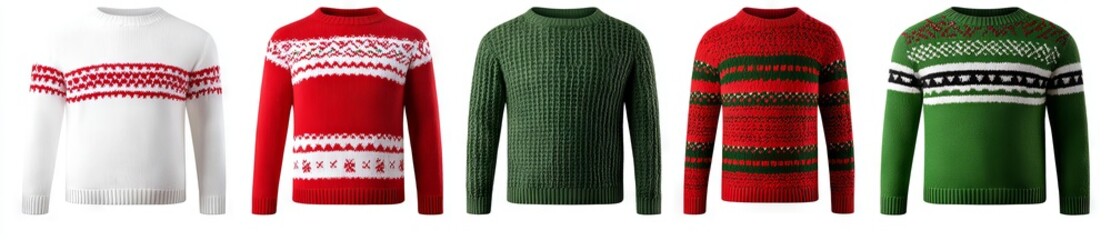 White background with a set of warm Christmas sweaters. Banner design.