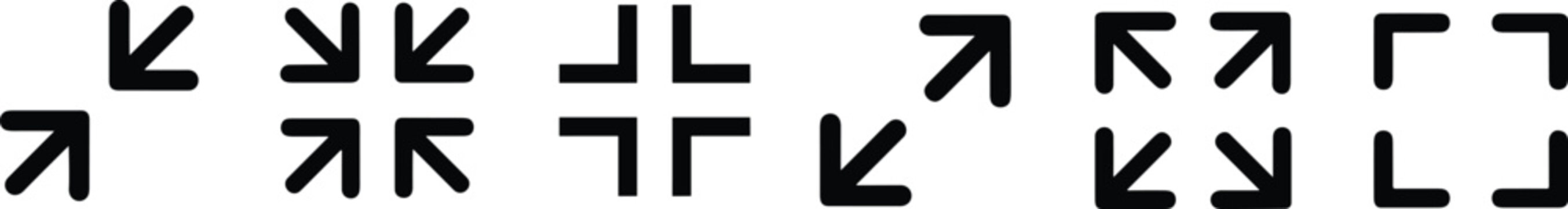 Maximize and minimize screen buttons icon set. Full screen enter and exit sign collection. Arrow mark icons. Scalability icons in flat style for web site, UI, mobile app. Vector illustration