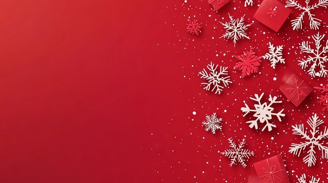 Festive red christmas banner with snowflakes - merry christmas and happy new year greeting - horizontal new year background for headers, posters, cards, and websites - vector illustration
