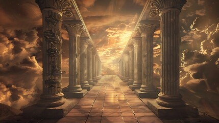 Majestic pathway of ancient columns leading towards heavenly sky with golden rays of light for evoking spirituality hope and divine inspiration in classical architecture concept.