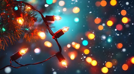 Vibrant and festive christmas lights display illuminating a holiday background with colorful decorations