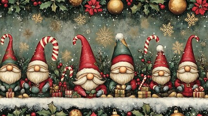 A seamless Christmas pattern featuring gnomes with candy canes, holly, snowflakes, and baubles. Festive red, green, and gold color palette, intricate details with a playful, joyful atmosphere,