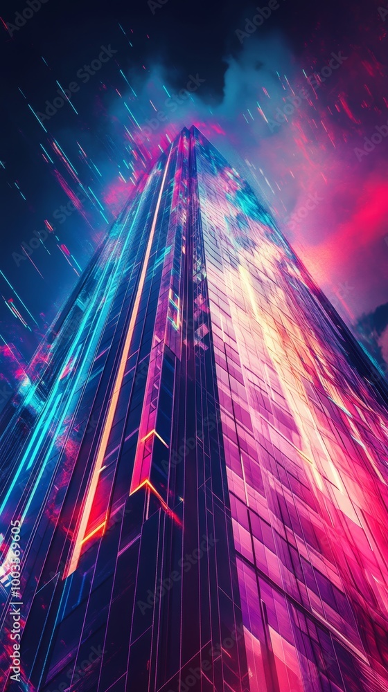 Poster synthwave skyscraper with a dynamic abstract background, featuring vibrant colors and geometric form