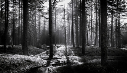 A serene forest scene in black and white, where tall trees, unrefined in their beauty, depend on the interplay of light.