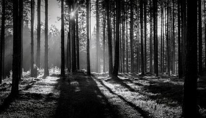 A serene forest scene in black and white, where tall trees, unrefined in their beauty, depend on the interplay of light.