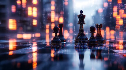 Chess pieces gleam on a reflective surface as city lights twinkle in the background.