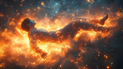 Naklejka premium Man in Flames, Surrounded by Stars