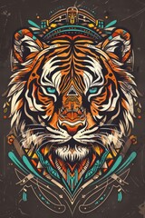 A striking tribal tiger illustration featuring detailed geometric patterns and vivid colors, set against a dark background.