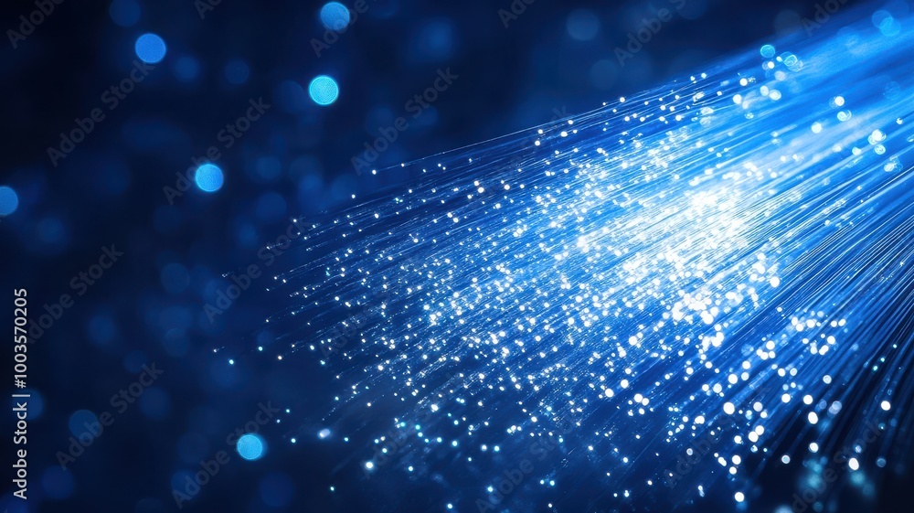 Poster abstract blue light trails with sparkling particles on a dark background.