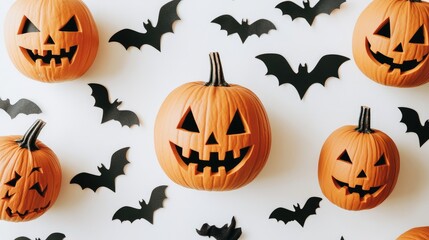 Flat lay of Halloween-themed pumpkins and bats on a white background, with ample space for text or design. No people, no logo.