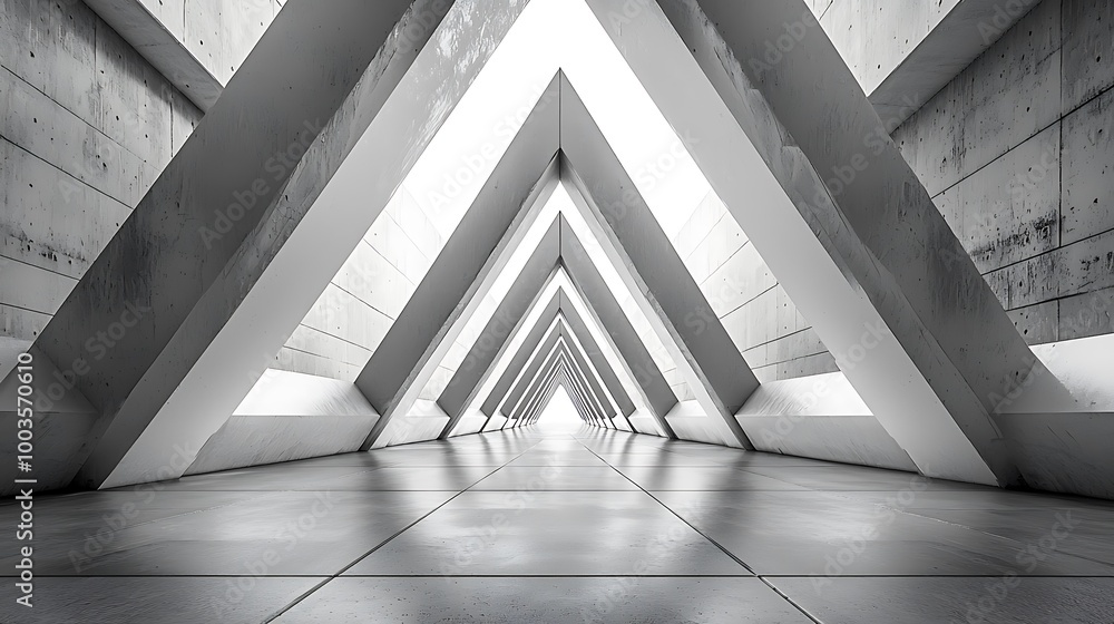 Poster a concrete corridor angles sharply, its triangular architecture creating a modern, abstract space.