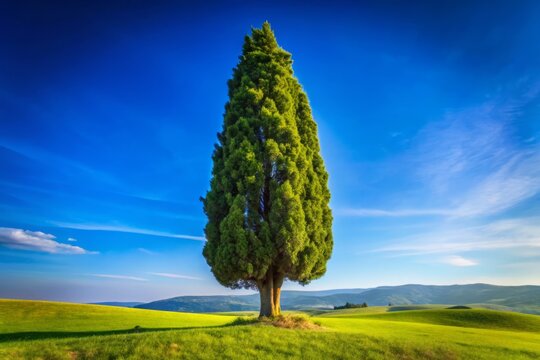Majestic Cipres Tree Standing Tall Against a Clear Blue Sky in a Serene Natural Landscape Scene