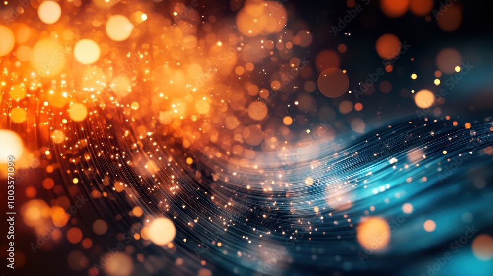 Poster abstract glowing wave with colorful lights and bokeh effects, digital art background.