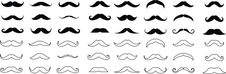 Different mustache set. Hipster mustache collection. Mustaches. Black line and flat of adult man mustaches. Symbol of Fathers day. Vector illustration