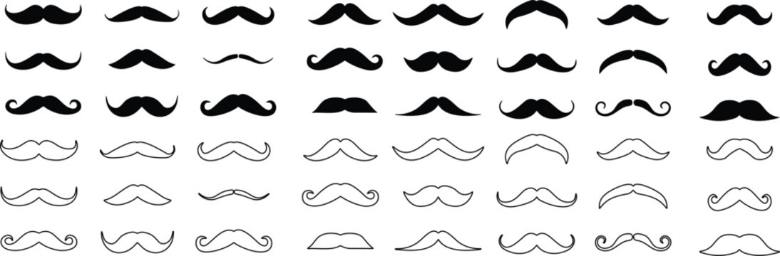 Different mustache set. Hipster mustache collection. Mustaches. Black line and flat of adult man mustaches. Symbol of Fathers day. Vector illustration