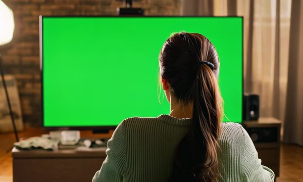 Woman watching a green screen TV on a couch.