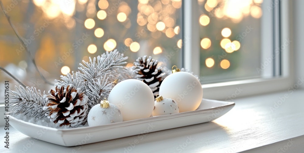 Poster display your products on this stone marble table top with bokeh christmas tree background and snowfa