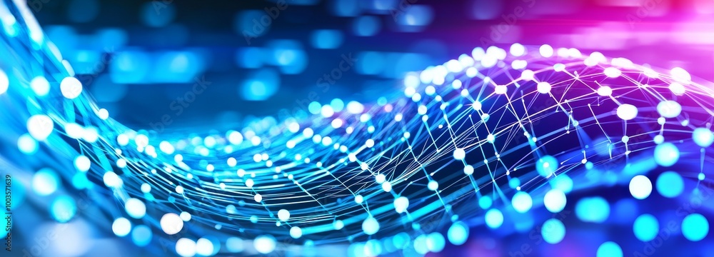 Poster abstract geometric network with blue lines connected with dots, illustrating connections and data.