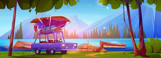 Car with baggage on roof outdoor near lake with wooden pier and boat on water, high rocky mountains, green trees and stones, blue sunny sky. Cartoon vector summer camping landscape with vehicle.