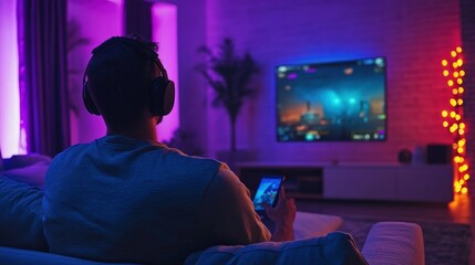 Naklejka premium Immersed in Gaming: A Nighttime Experience