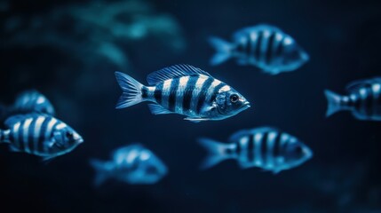 Serene Blue Striped Fish in Deep Ocean Waters: Underwater Wildlife in Tranquil Marine Environment
